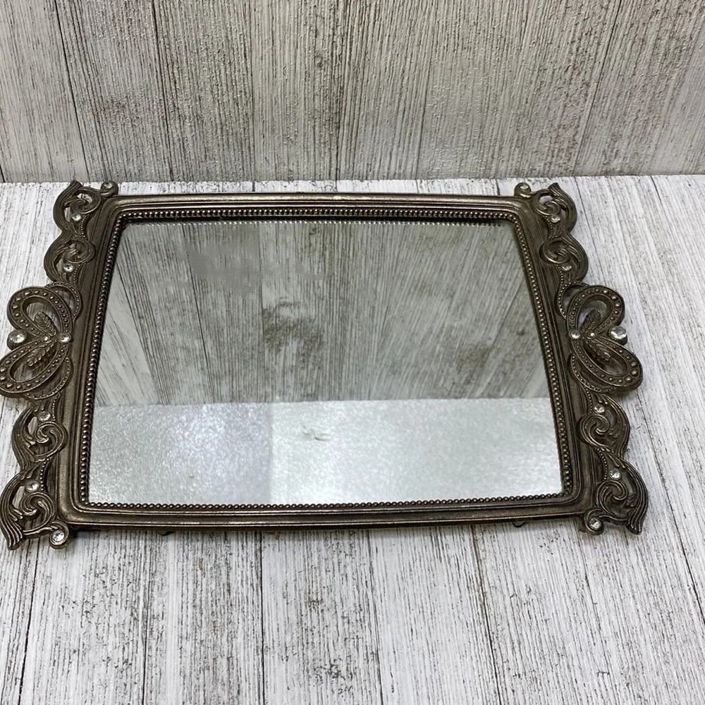 Vanity Silver Toned Rhinestone Crystal Vtg. Mirror Felt Antique - Picture 7 of 9